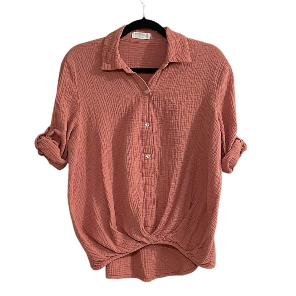 4OUR DREAMERS Linen Oversized Faux Wrap Blouse Putty Clay M